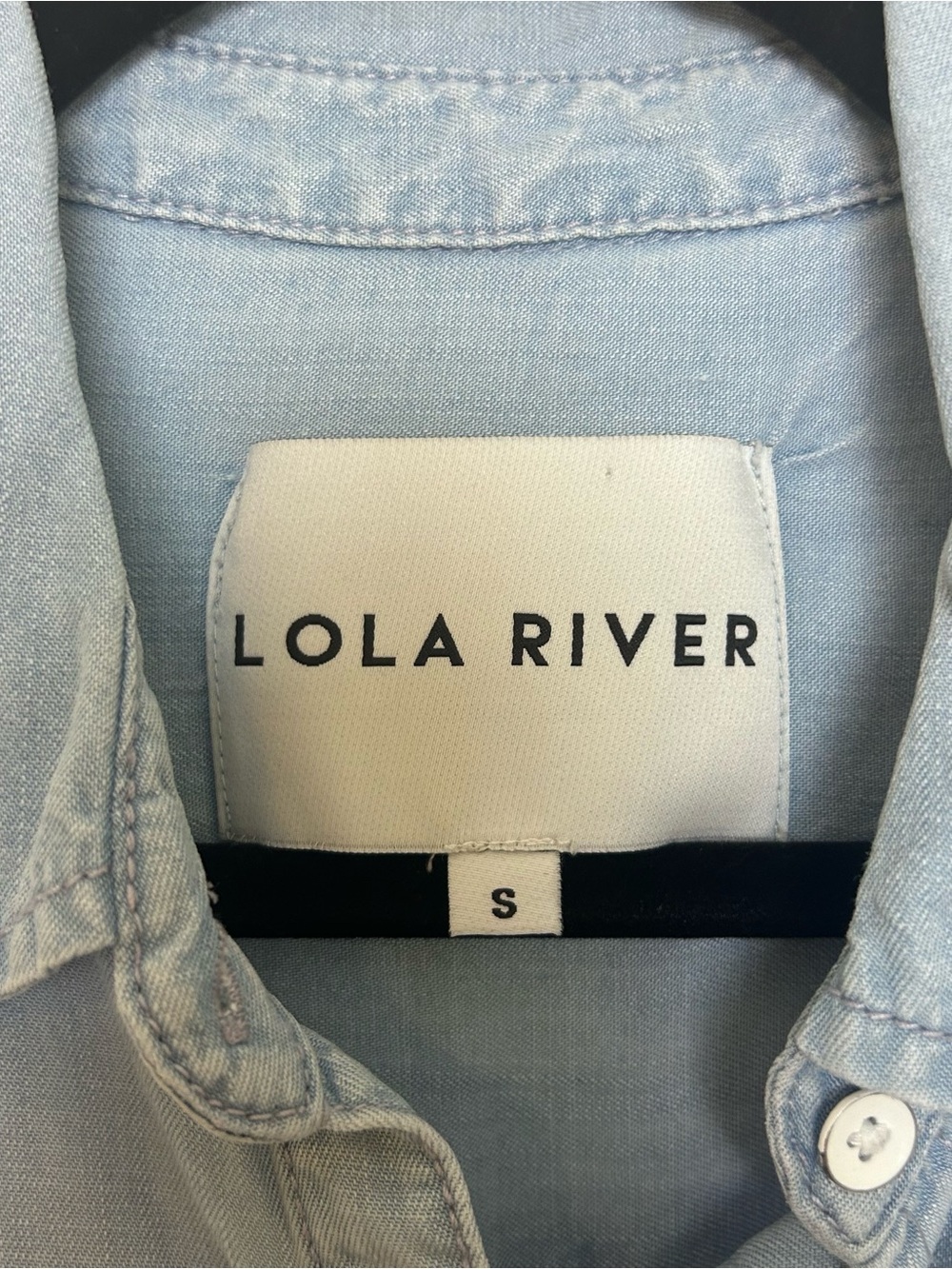 Lola River Blue Denim Chambray small Button Up Light Wash Short Sleeve Shirt - Picture 5 of 9